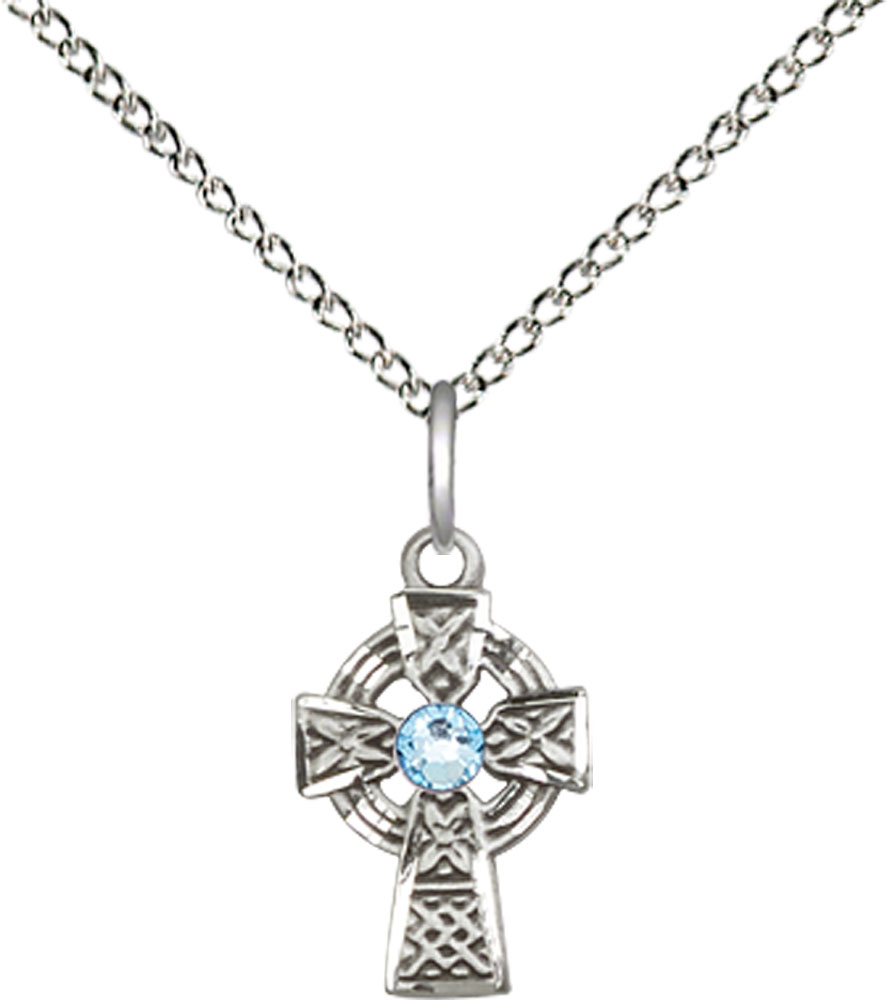 Sterling Silver Celtic Cross Pendant with a 3mm Aqua Swarovski stone on a 18 inch Sterling Silver Light Curb chain