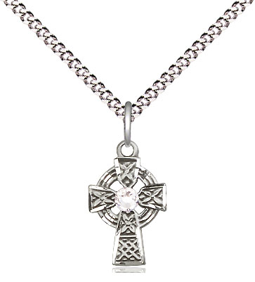 Sterling Silver Celtic Cross Pendant with a 3mm Crystal Swarovski stone on a 18 inch Light Rhodium Light Curb chain