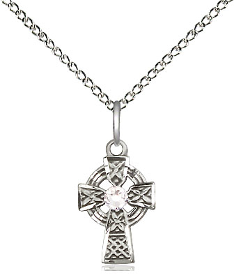 Sterling Silver Celtic Cross Pendant with a 3mm Crystal Swarovski stone on a 18 inch Sterling Silver Light Curb chain