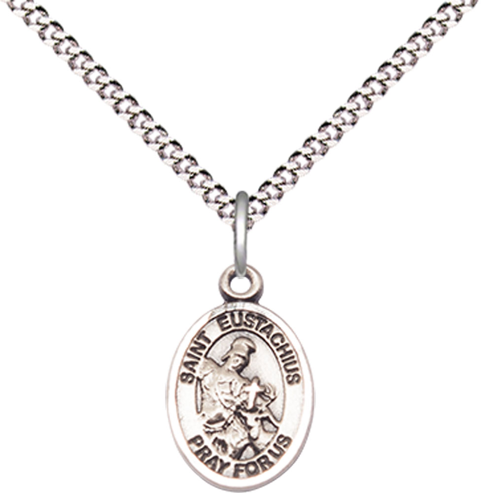 Sterling Silver Saint Eustachius Pendant on a 18 inch Light Rhodium Light Curb chain