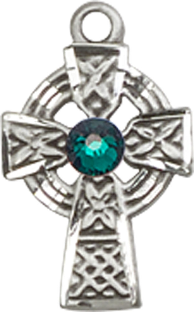 Sterling Silver Celtic Cross Medal with a 3mm Emerald Swarovski stone