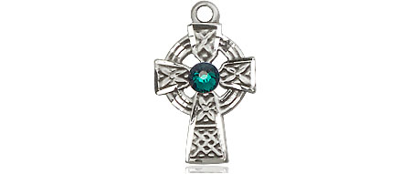 Sterling Silver Celtic Cross Medal with a 3mm Emerald Swarovski stone