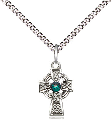 Sterling Silver Celtic Cross Pendant with a 3mm Emerald Swarovski stone on a 18 inch Light Rhodium Light Curb chain