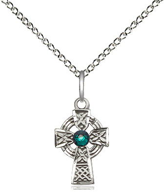 Sterling Silver Celtic Cross Pendant with a 3mm Emerald Swarovski stone on a 18 inch Sterling Silver Light Curb chain