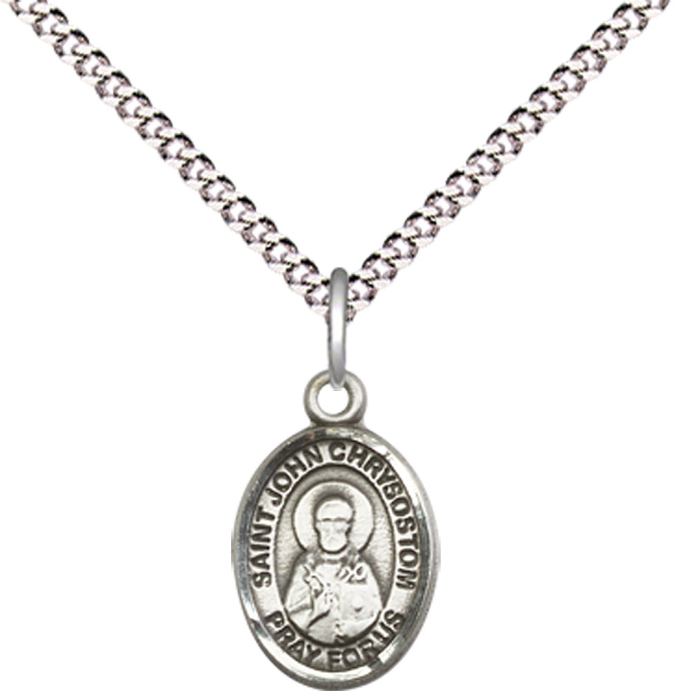Sterling Silver Saint John Chrysostom Pendant on a 18 inch Light Rhodium Light Curb chain