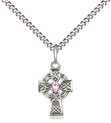 Sterling Silver Celtic Cross Pendant with a 3mm Light Amethyst Swarovski stone on a 18 inch Light Rhodium Light Curb chain