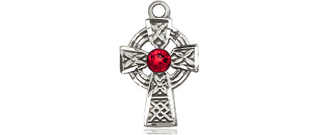 Sterling Silver Celtic Cross Medal with a 3mm Ruby Swarovski stone