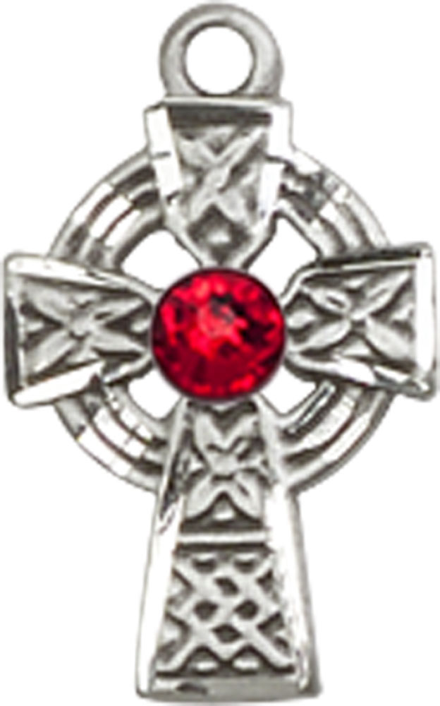 Sterling Silver Celtic Cross Medal with a 3mm Ruby Swarovski stone