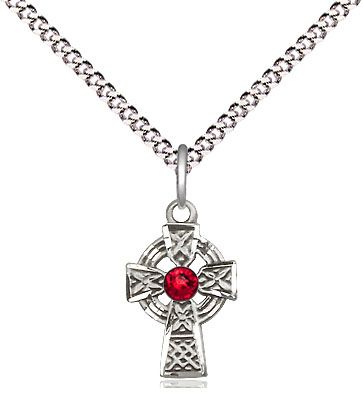 Sterling Silver Celtic Cross Pendant with a 3mm Ruby Swarovski stone on a 18 inch Light Rhodium Light Curb chain