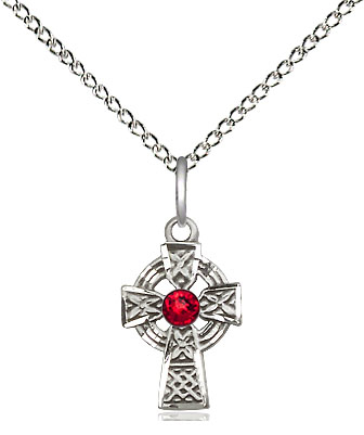 Sterling Silver Celtic Cross Pendant with a 3mm Ruby Swarovski stone on a 18 inch Sterling Silver Light Curb chain