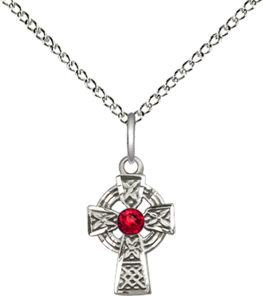 Sterling Silver Celtic Cross Pendant with a 3mm Ruby Swarovski stone on a 18 inch Sterling Silver Light Curb chain
