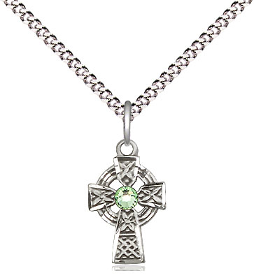 Sterling Silver Celtic Cross Pendant with a 3mm Peridot Swarovski stone on a 18 inch Light Rhodium Light Curb chain