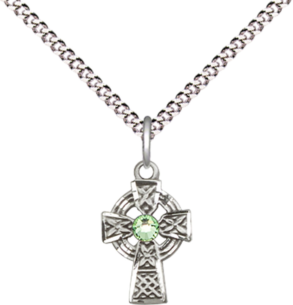 Sterling Silver Celtic Cross Pendant with a 3mm Peridot Swarovski stone on a 18 inch Light Rhodium Light Curb chain