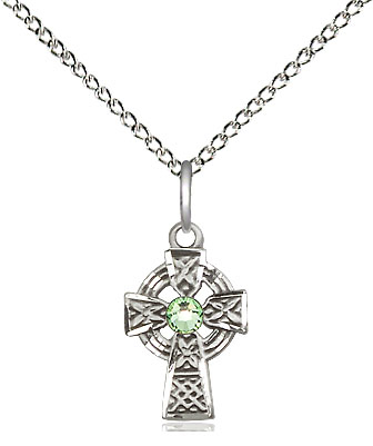 Sterling Silver Celtic Cross Pendant with a 3mm Peridot Swarovski stone on a 18 inch Sterling Silver Light Curb chain