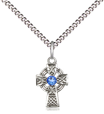 Sterling Silver Celtic Cross Pendant with a 3mm Sapphire Swarovski stone on a 18 inch Light Rhodium Light Curb chain