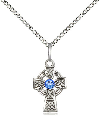 Sterling Silver Celtic Cross Pendant with a 3mm Sapphire Swarovski stone on a 18 inch Sterling Silver Light Curb chain