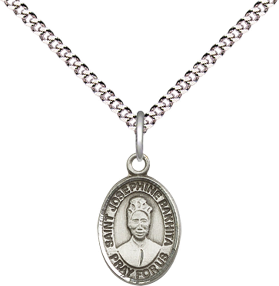 Sterling Silver Saint Josephine Bakhita Pendant on a 18 inch Light Rhodium Light Curb chain