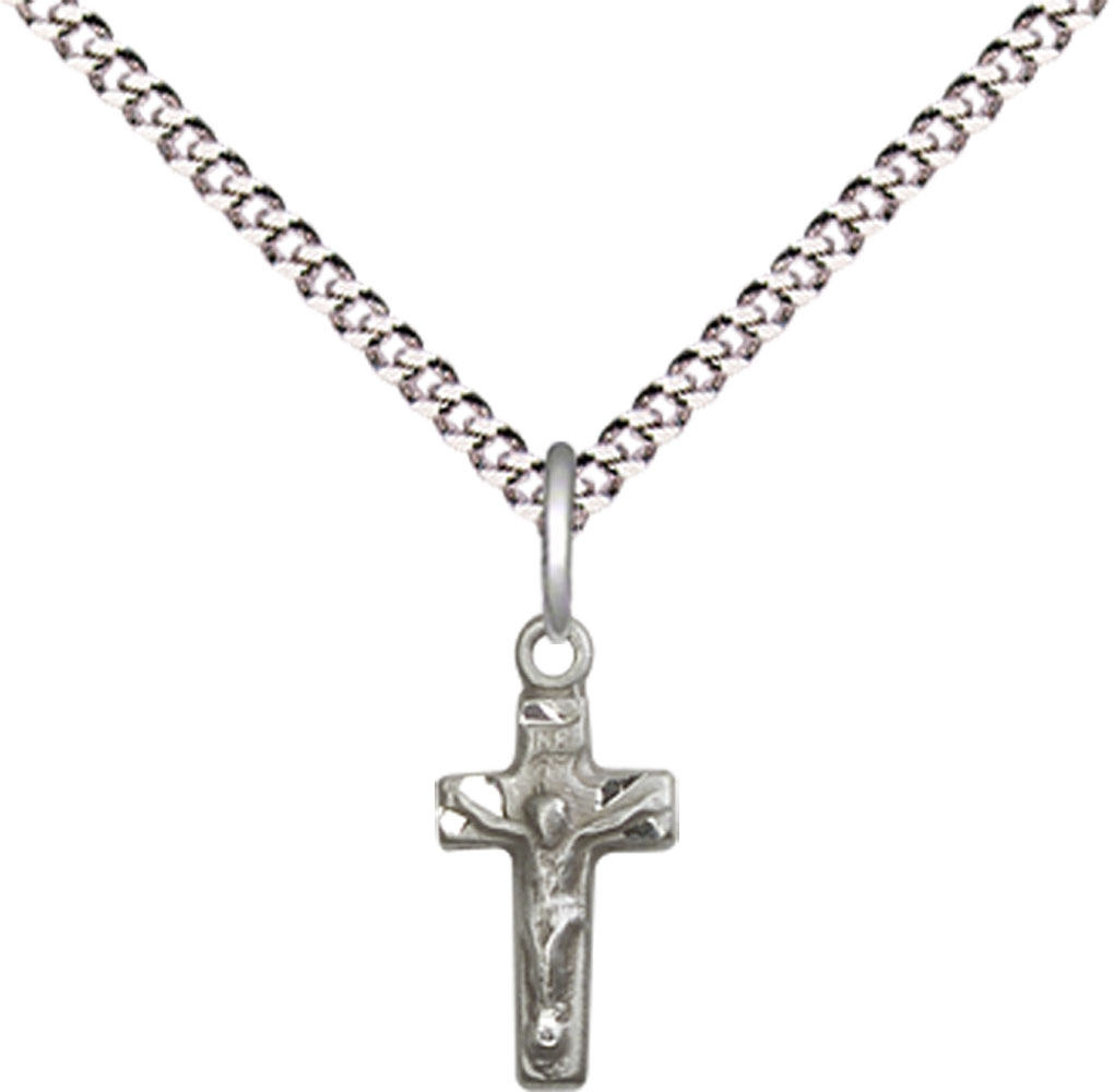 Sterling Silver Crucifix Pendant on a 18 inch Light Rhodium Light Curb chain