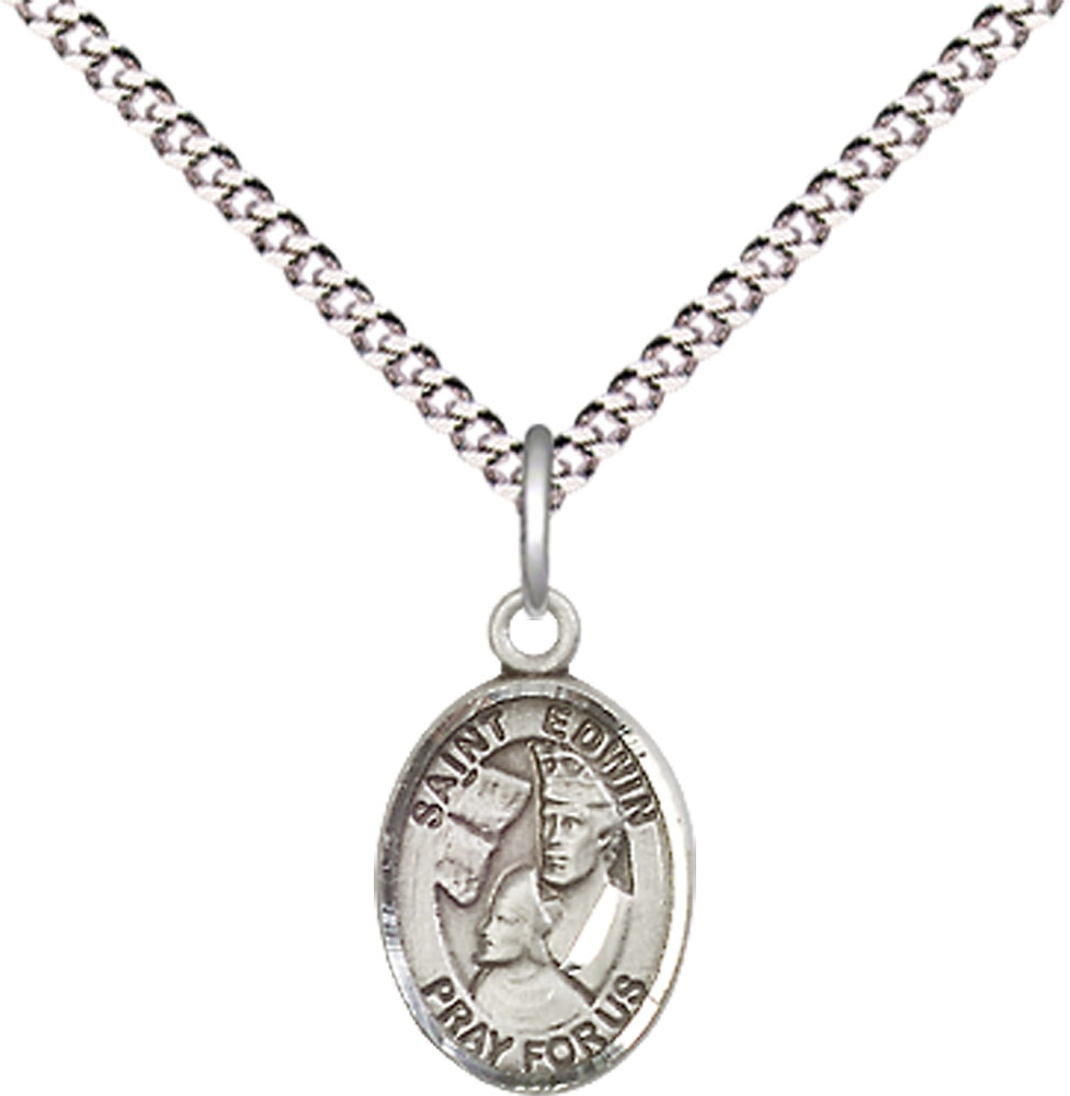 Sterling Silver Saint Edwin Pendant on a 18 inch Light Rhodium Light Curb chain