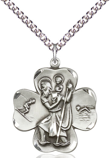 Sterling Silver Saint Christopher Pendant on a 24 inch Sterling Silver Heavy Curb chain