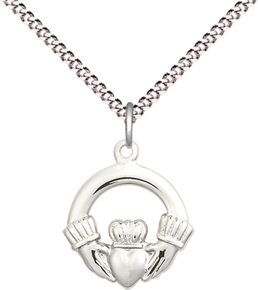 Sterling Silver Claddagh Pendant on a 18 inch Light Rhodium Light Curb chain