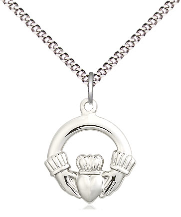 Sterling Silver Claddagh Pendant on a 18 inch Light Rhodium Light Curb chain