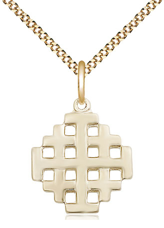 14kt Gold Filled Jerusalem Cross Pendant on a 18 inch Gold Plate Light Curb chain