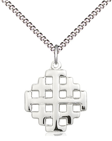 Sterling Silver Jerusalem Cross Pendant on a 18 inch Light Rhodium Light Curb chain