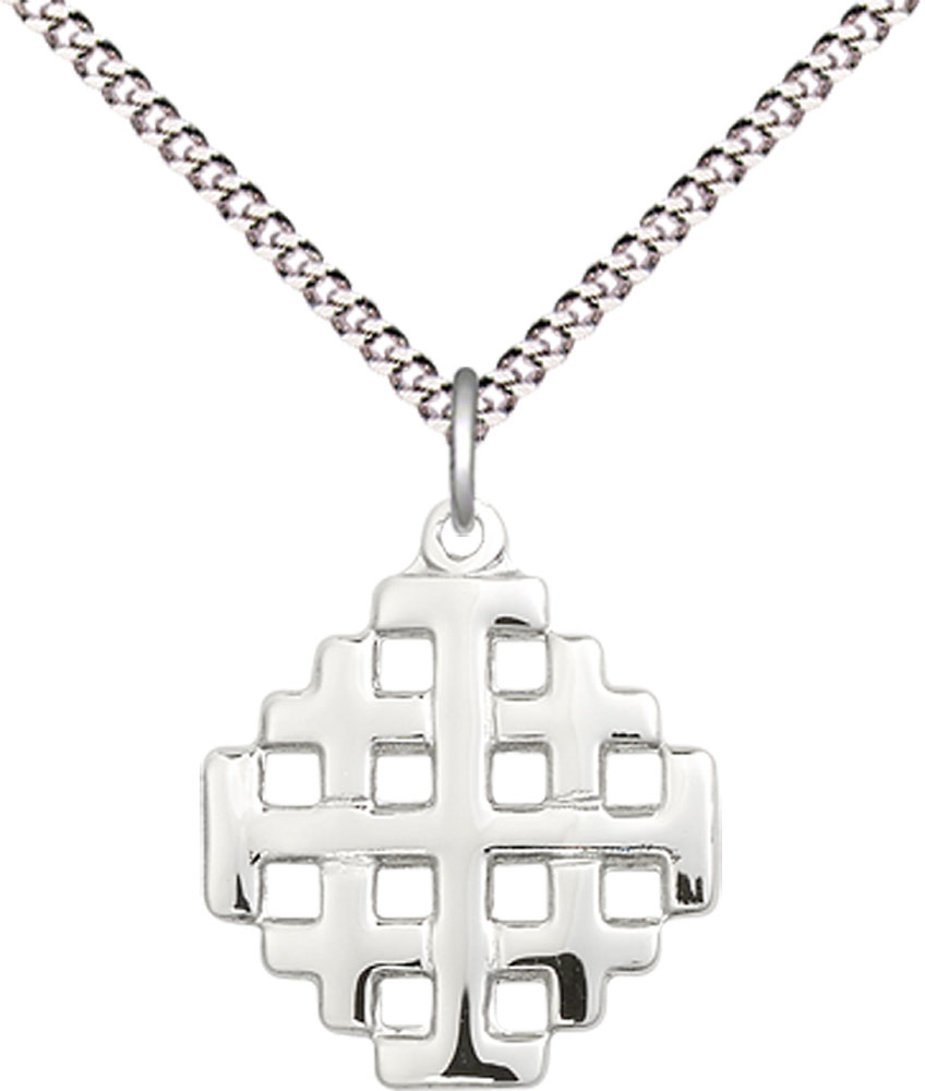 Sterling Silver Jerusalem Cross Pendant on a 18 inch Light Rhodium Light Curb chain