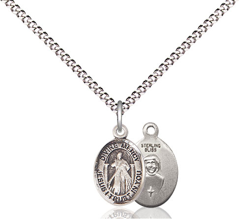 Sterling Silver Divine Mercy Pendant on a 18 inch Light Rhodium Light Curb chain