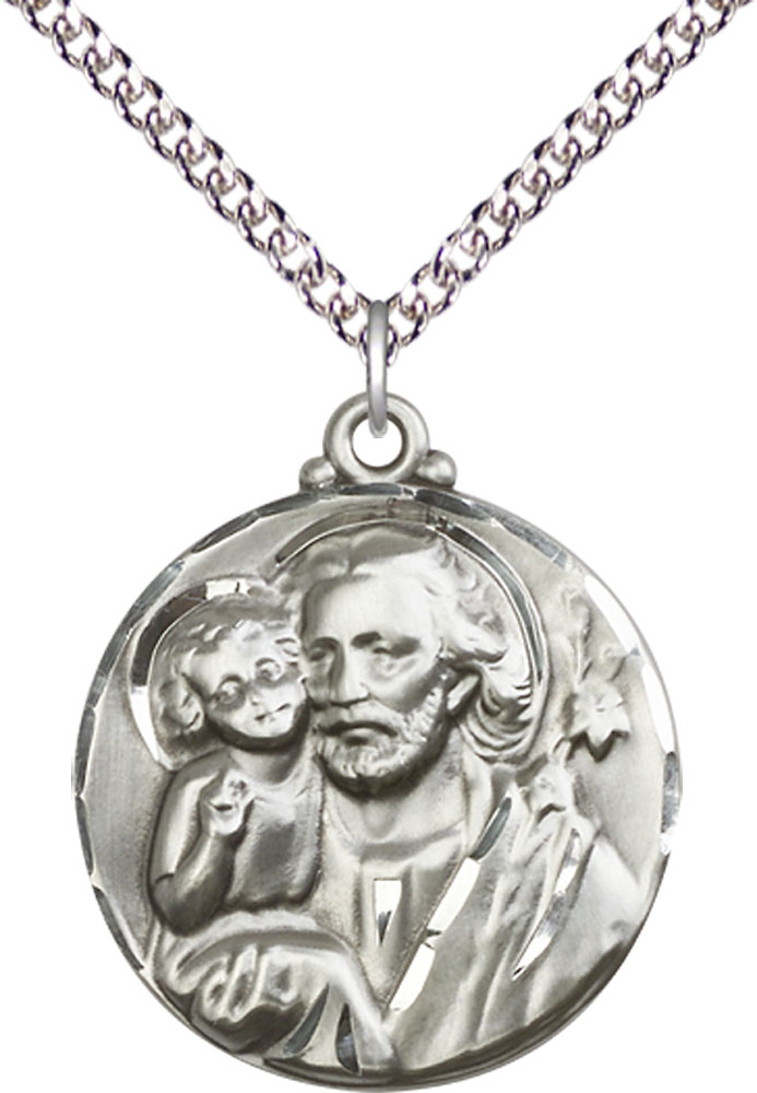 Sterling Silver Saint Joseph Pendant on a 24 inch Sterling Silver Heavy Curb chain