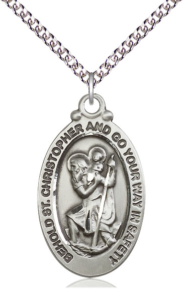 Sterling Silver Saint Christopher Pendant on a 24 inch Sterling Silver Heavy Curb chain