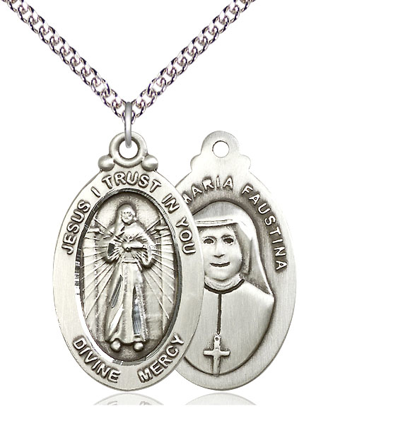 Sterling Silver Divine Mercy Pendant on a 24 inch Sterling Silver Heavy Curb chain