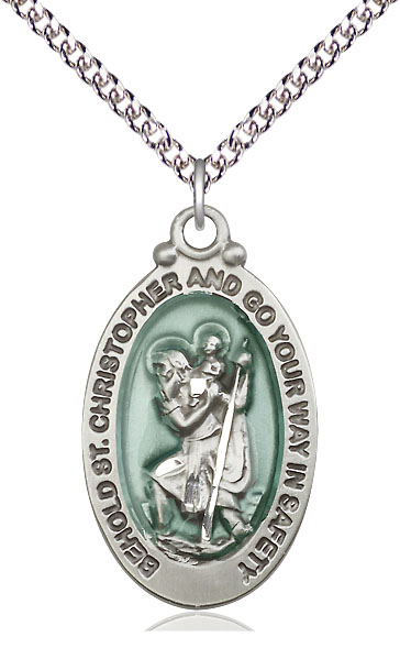 Sterling Silver Saint Christopher Pendant on a 24 inch Sterling Silver Heavy Curb chain