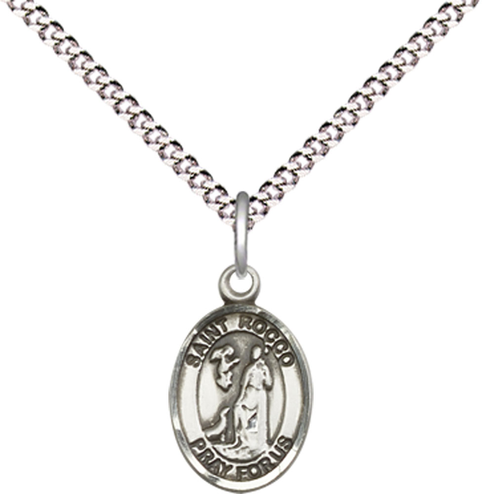 Sterling Silver Saint Rocco Pendant on a 18 inch Light Rhodium Light Curb chain