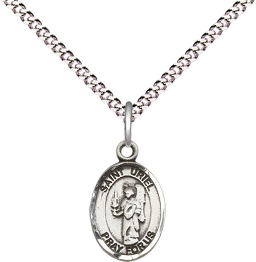 Sterling Silver Saint Uriel the Archangel Pendant on a 18 inch Light Rhodium Light Curb chain