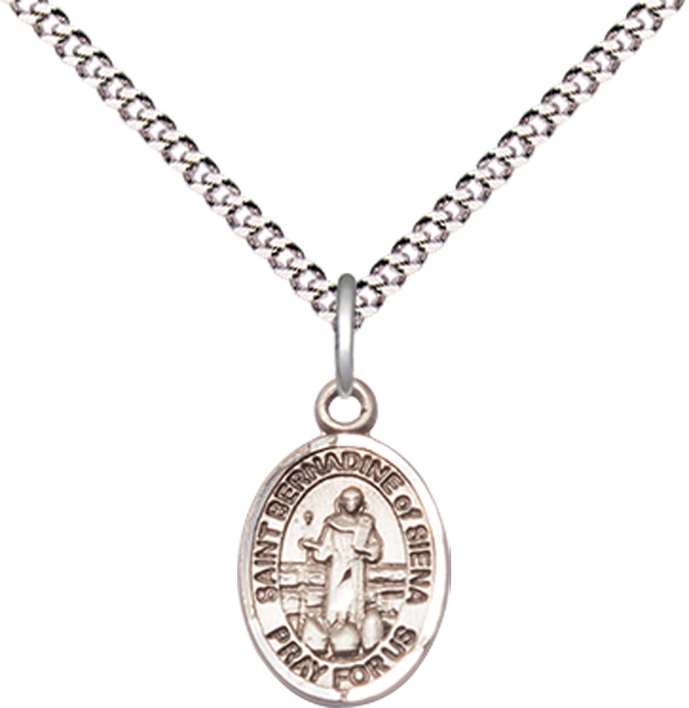 Sterling Silver Saint Bernadine of Sienna Pendant on a 18 inch Light Rhodium Light Curb chain
