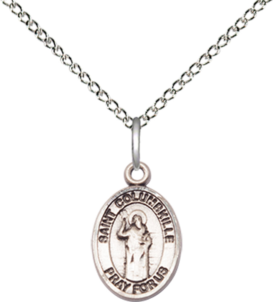 Sterling Silver Saint Columbkille Pendant on a 18 inch Sterling Silver Light Curb chain