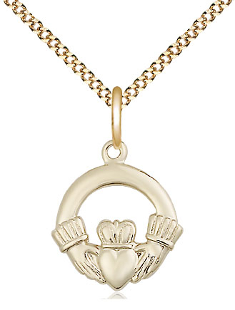 14kt Gold Filled Claddagh Pendant on a 18 inch Gold Plate Light Curb chain