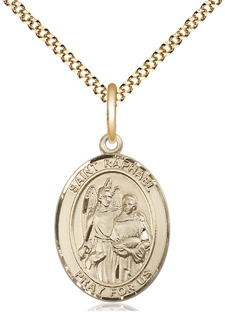 14kt Gold Filled Saint Raphael the Archangel Pendant on a 18 inch Gold Plate Light Curb chain