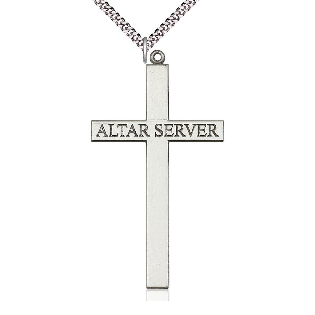 Sterling Silver Alter Server Cross Pendant on a 24 inch Light Rhodium Heavy Curb chain