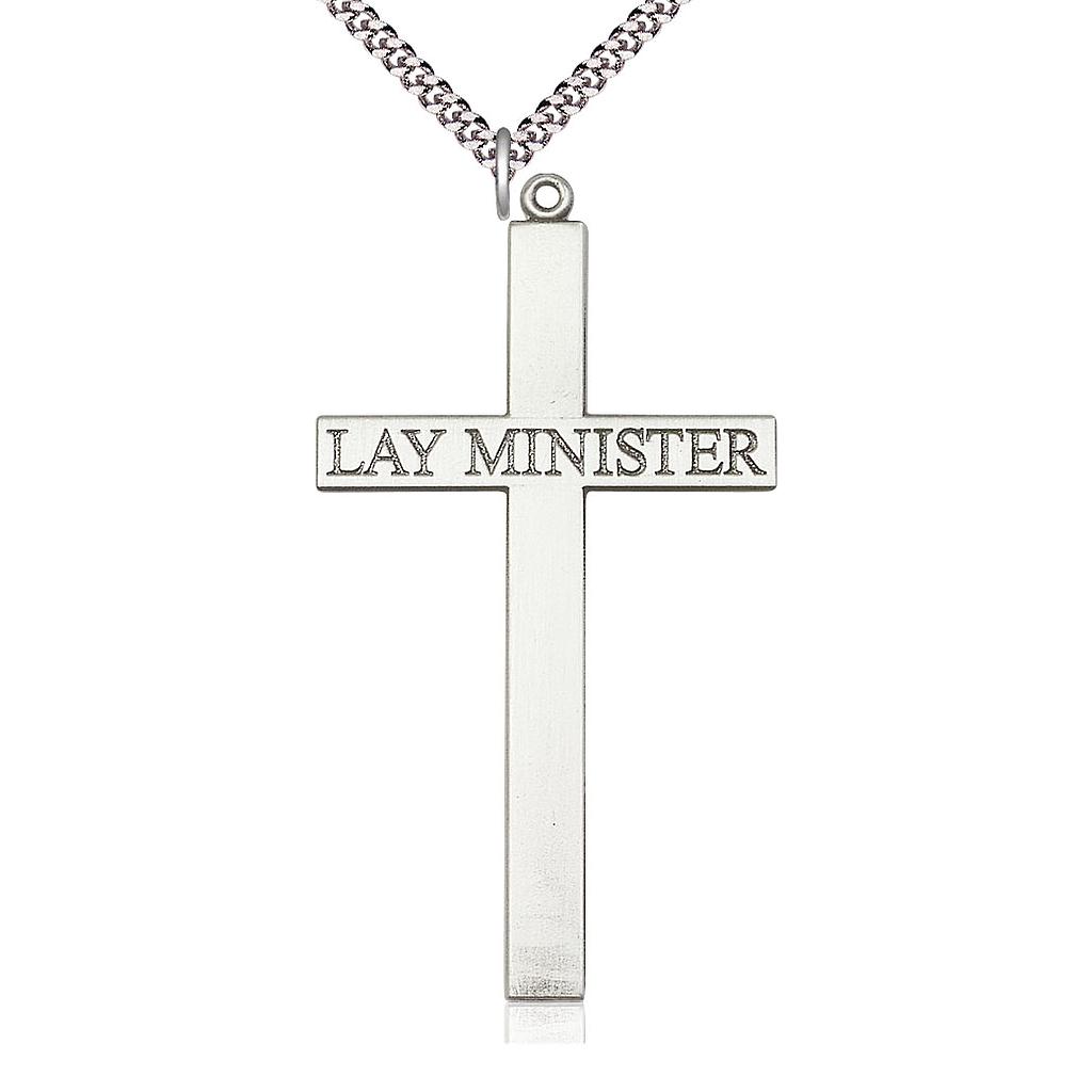 Sterling Silver Lay Minister Cross Pendant on a 24 inch Light Rhodium Heavy Curb chain