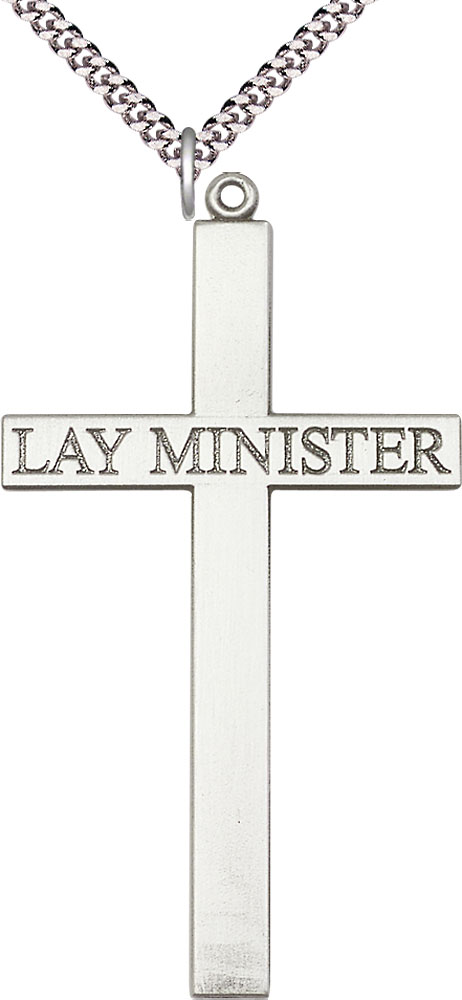 Sterling Silver Lay Minister Cross Pendant on a 24 inch Light Rhodium Heavy Curb chain