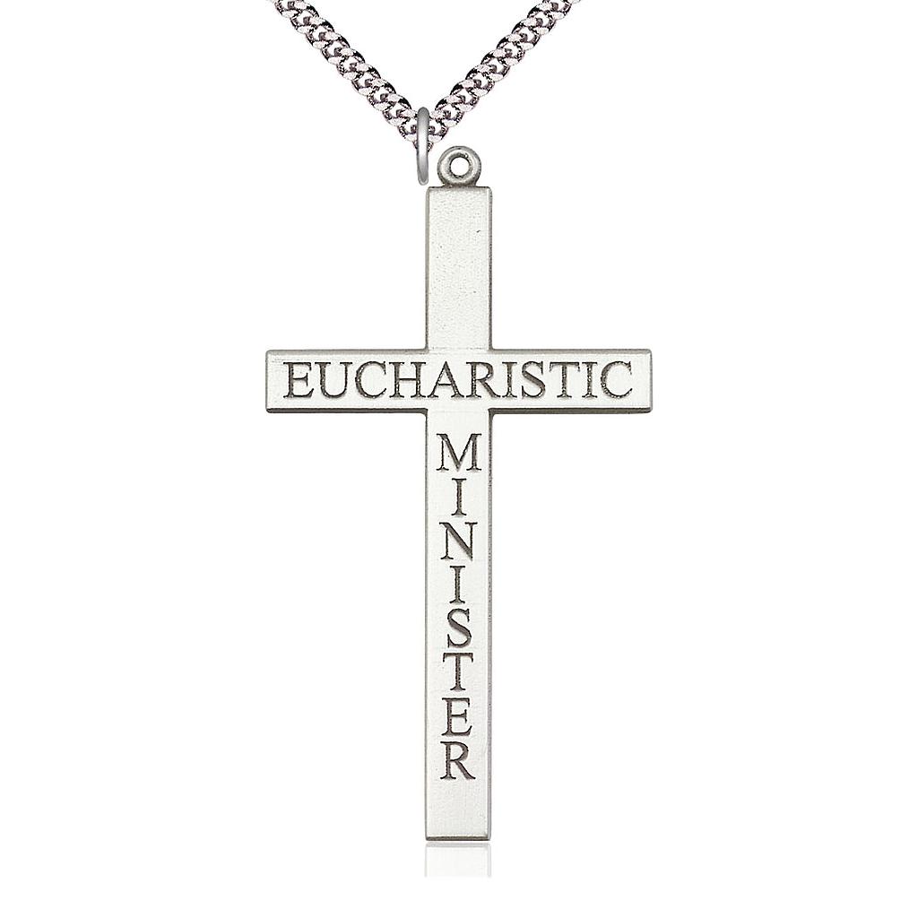 Sterling Silver Eucharistic Minister Cross Pendant on a 24 inch Light Rhodium Heavy Curb chain