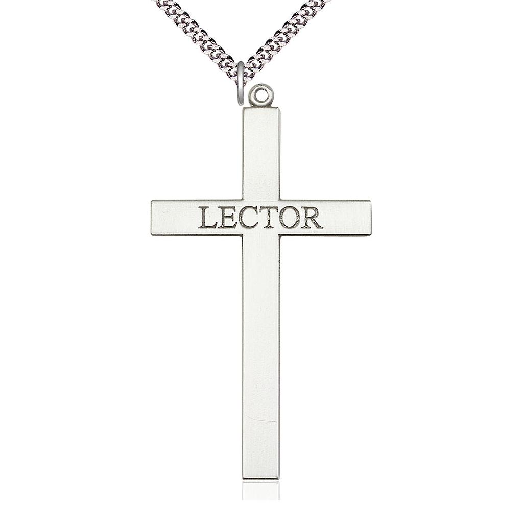 Sterling Silver Lector Cross Pendant on a 24 inch Light Rhodium Heavy Curb chain