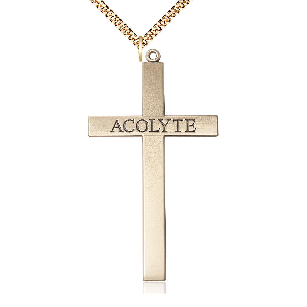 14kt Gold Filled Acolyte Cross Pendant on a 24 inch Gold Plate Heavy Curb chain