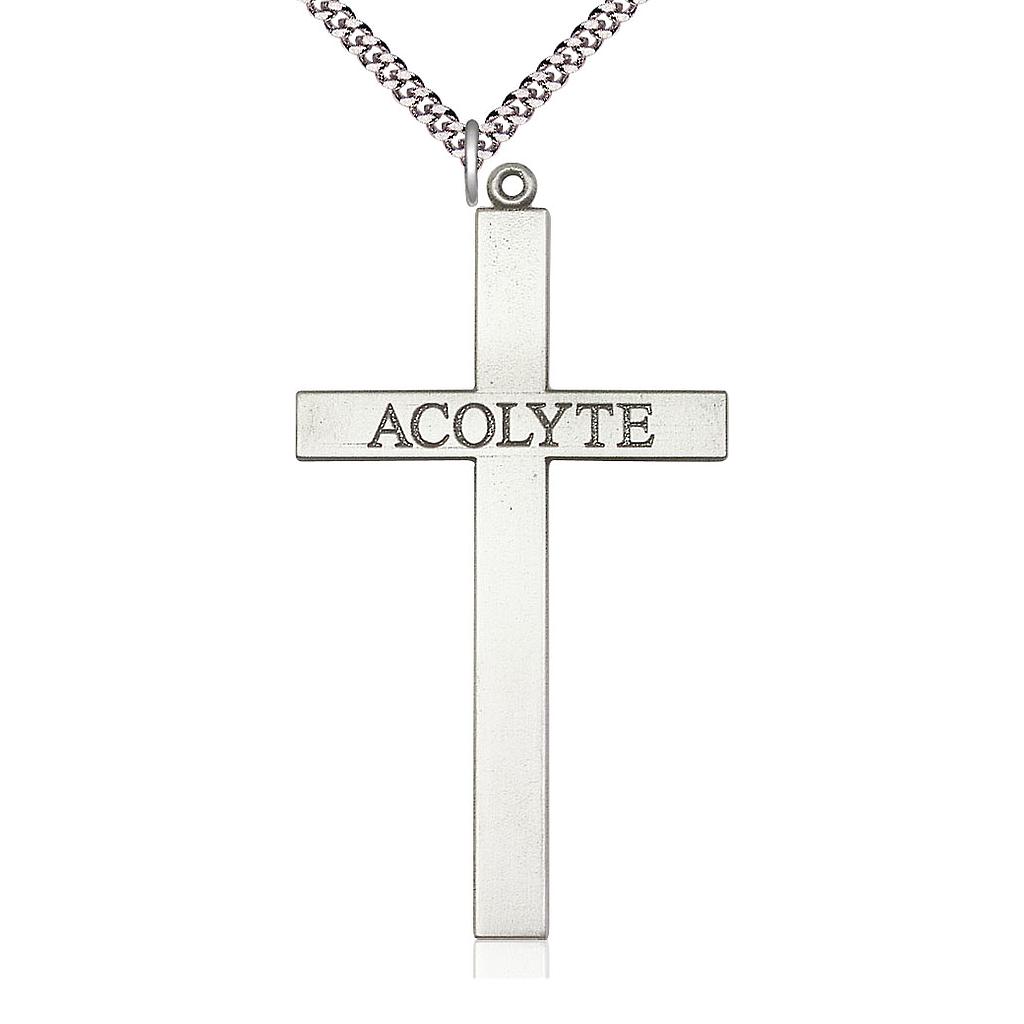 Sterling Silver Acolyte Cross Pendant on a 24 inch Light Rhodium Heavy Curb chain