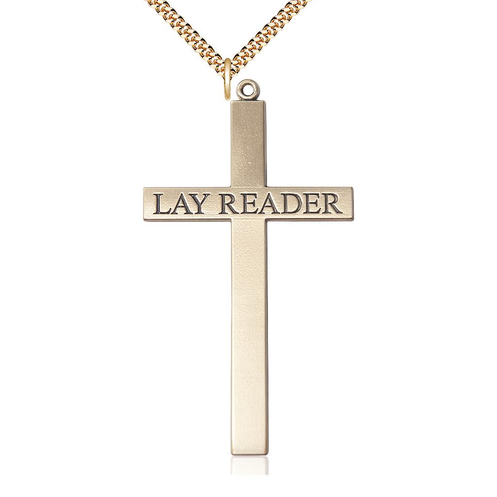 14kt Gold Filled Lay Reader Cross Pendant on a 24 inch Gold Plate Heavy Curb chain