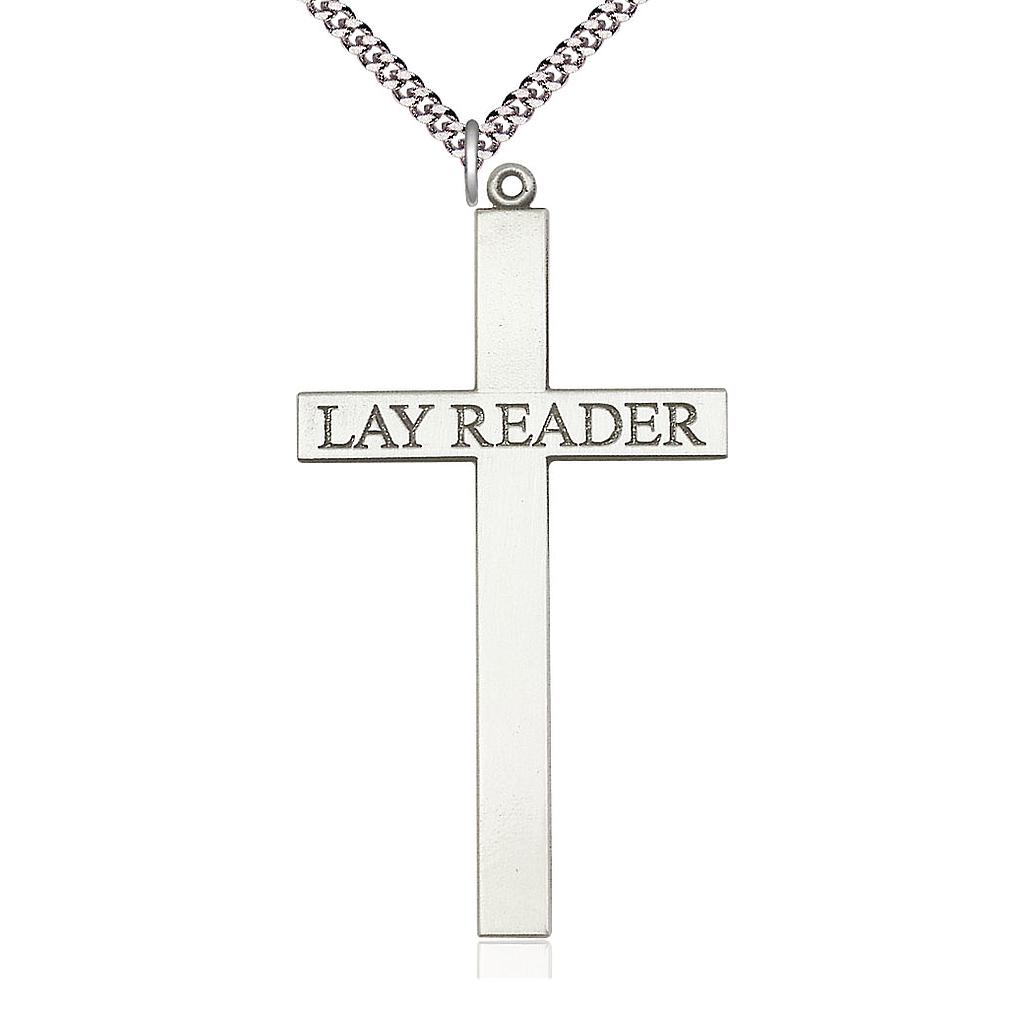 Sterling Silver Lay Reader Cross Pendant on a 24 inch Light Rhodium Heavy Curb chain