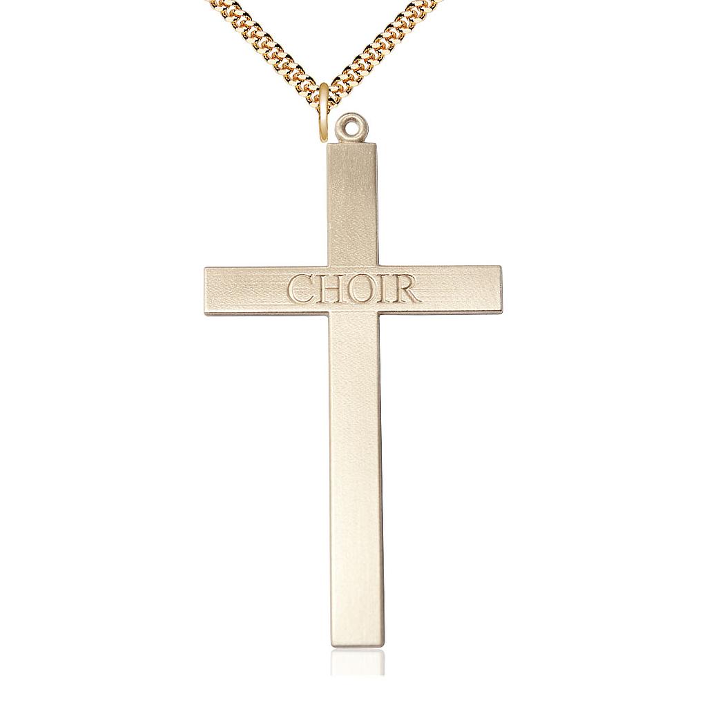 14kt Gold Filled Choir Cross Pendant on a 24 inch Gold Plate Heavy Curb chain